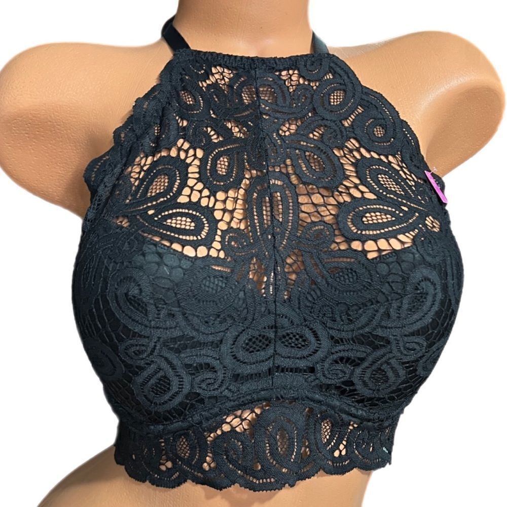 Victorias Secret PINK Push Up Padded High Neck Floral Lace Bralette bra Black L